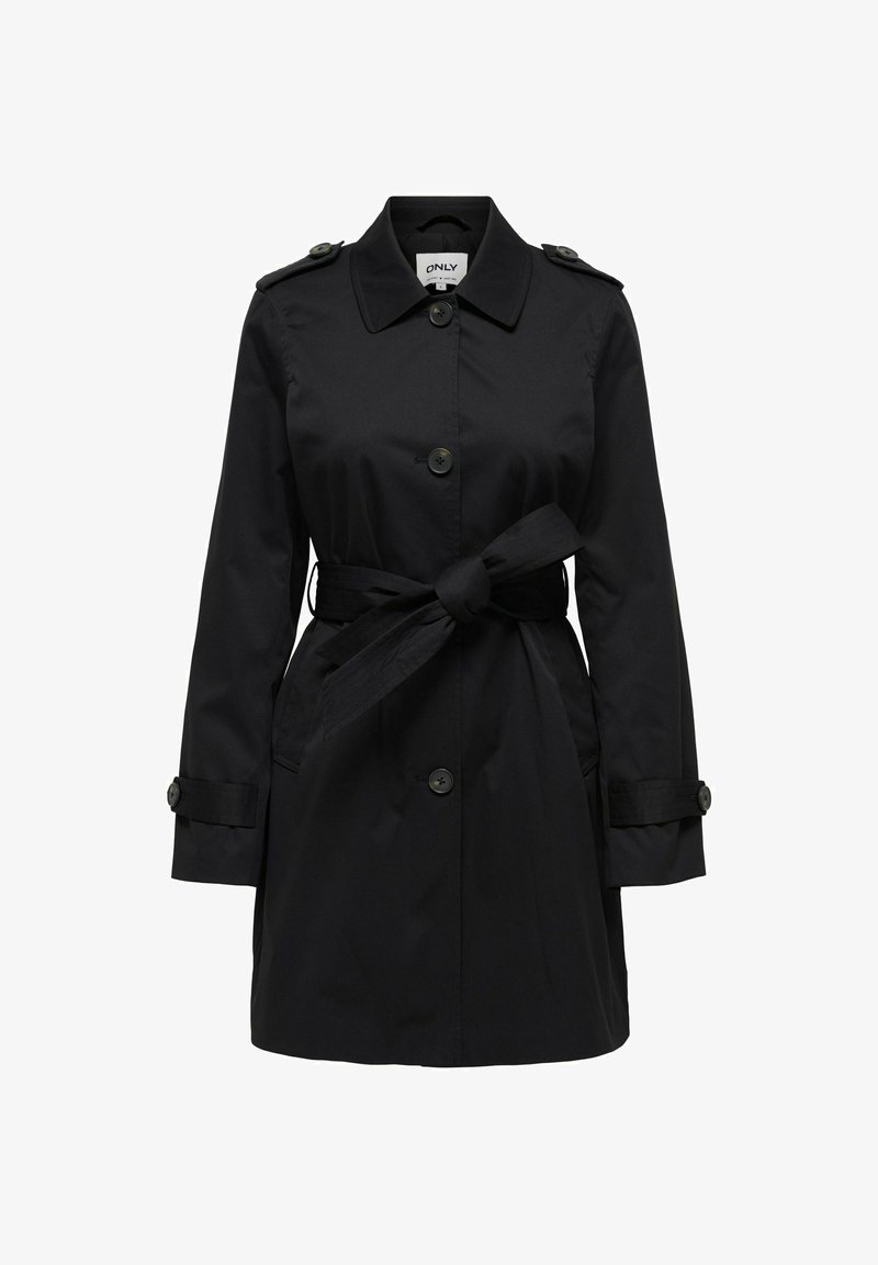 Trench-coat noir en tissu lisse, doté d'une taille ceinturée, de fermetures à boutons, d'épaulettes et de manches longues avec poignets boutonnés.