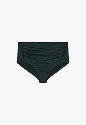 Dół bikini z wysokim stanem w ciemnozielonym kolorze, z marszczoną fakturą po bokach i gładkim wykończeniem, wykonany z elastycznego materiału kąpielowego.