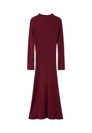 Abito a maglia bordeaux a coste con scollatura alta e maniche lunghe, che svasano dolcemente dalla vita all'orlo. Texture liscia.