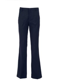 Pantaloni svasati blu navy con decorazioni scintillanti, caratterizzati da una texture liscia, vita aderente e passanti per cintura. Linee pulite e design su misura.