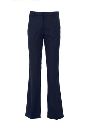 Pantaloni svasati blu navy con decorazioni scintillanti, caratterizzati da una texture liscia, vita aderente e passanti per cintura. Linee pulite e design su misura.