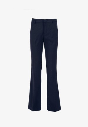 Pantaloni svasati blu navy con decorazioni scintillanti, caratterizzati da una texture liscia, vita aderente e passanti per cintura. Linee pulite e design su misura.