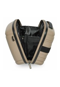 Beige, gestructureerde, harde tas met een zwarte rits. Beschikt over een zwarte, gevoerde interieur en meerdere vakken voor georganiseerde opslag.