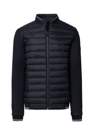 Męska hybrydowa kurtka w kolorze granatowym z pikowanym przodem, dzianinowymi rękawami, zamkiem błyskawicznym i paskowanymi detalami na kołnierzu i mankietach.