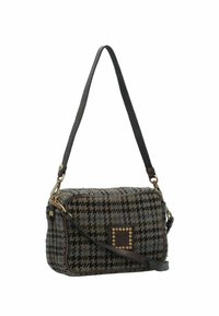 Borsa a tracolla in tweed con motivo pied-de-poule grigio e nero, caratterizzata da un pannello decorativo imbottito e una tracolla in pelle. Presenta dettagli in ottone.