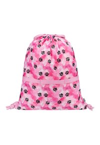 Zaino con cordino realizzato in tessuto rosa a motivi ondulati con impronte di zampa nere. Presenta una tracolla rosa unita e una chiusura a coulisse.