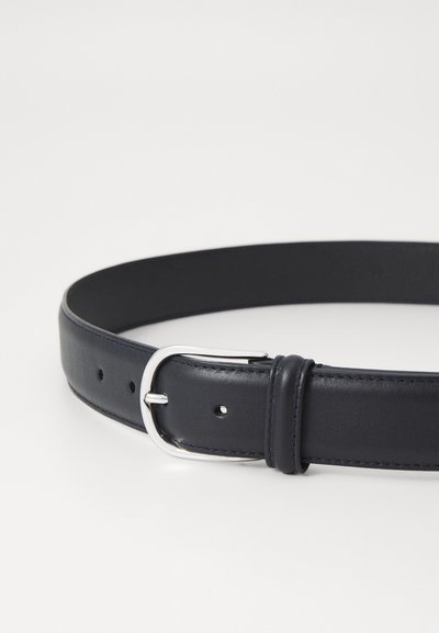 Black leather belt with a smooth texture, silver metal buckle, and multiple holes for adjustment. Simple design, no patterns or accents.