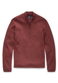 Pull-over bordeaux marlé avec col montant et zipper mi-long. Fabriqué en coton doux et texturé, il dispose de manches longues et d'un ourlet droit.