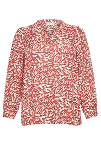 Blusa de manga larga en coral y con un patrón floral blanco, con escote en V y tapeta de botones, hecha de un tejido ligero.