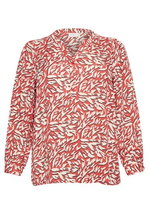 Halenka s dlhým rukávom v koralovej a bielej kvetinovej potlači s výstrihom do V a zapínaním na gombíky, vyrobená z ľahkej látky.