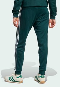 Grüne Baumwollmischung-Jogginghosen mit weißen Seitenstreifen, schmaler Schnitt und Rippbündchen. Kombiniert mit weißen Sneakers mit grünen Akzenten.