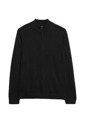 Zwarte pullover met hoge kraag, voorzien van een korte rits bij de hals. Gladde textuur en klassieke pasvorm. Gemaakt van een zachte, rekbare stof.
