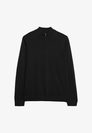 Suéter negro de cuello alto, con una cremallera corta en el cuello. Textura suave y ajuste clásico. Fabricado con un material suave y elástico.