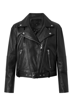 Veste de moto en cuir noir avec fermeture éclair sur le devant et poches. Dotée de fournitures en métal argenté, d'une taille ceinturée et d'un large col.