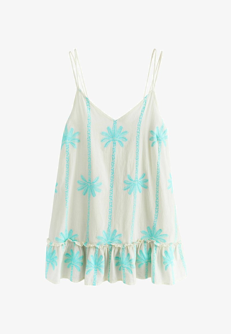 Robe blanche sans manches avec fines bretelles, ornée de motifs brodés de palmiers bleu clair et d'un ourlet à volants.