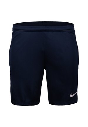 Mørk marineblå atletikshorts med elastisk linning og lille hvid Nike swoosh-logo på den nederste venstre ben.