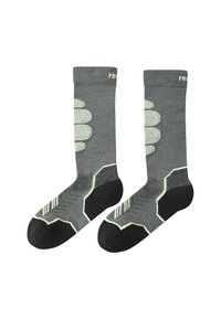 Calzini grigi con una parte superiore a coste, con dettagli verde chiaro e un design decorativo sulla gamba. Punta e tallone rinforzati neri.