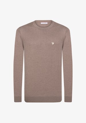 Pruun sviiter, kus on pikad varrukad, ümmargune kaelus, ribaga mansetid ja äär. Rinnal on väike heledat värvi linnuloogoga märk. Pehme kudumise tekstuur.