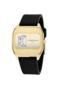 Montre rectangulaire en or avec un bracelet en caoutchouc noir. Présente un affichage découpé unique montrant un cadran blanc avec des marquages noirs.