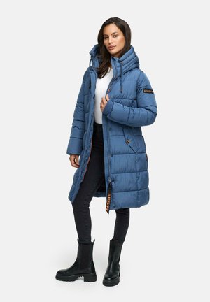 Blue puffer coat with a high collar, front zip, and two side pockets. Features quilted texture, adjustable drawstrings, and orange accent details.