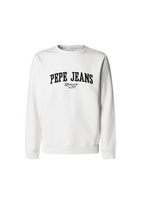 Sudadera blanca con cuello redondo y mangas largas. Presenta el logo de texto en negro "PEPE JEANS" y "London W1 1973" debajo en una fuente más pequeña.