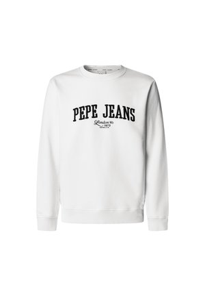 Felpa bianca con colletto rotondo e maniche lunghe. Presenta il logo del testo nero "PEPE JEANS" e "London W1 1973" sotto in un font più piccolo.