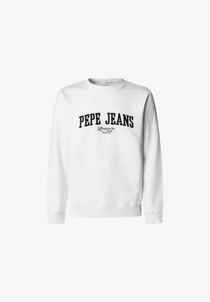 White sweatshirt with round neckline and long sleeves. Features black "PEPE JEANS" text logo and "London W1 1973" below in smaller font.