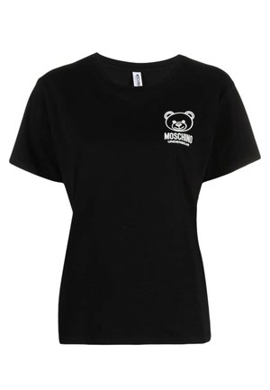 T-shirt nera in cotone con maniche corte, caratterizzata da un logo di orso bianco e dal testo "MOSCHINO UNDERBEAR" nella parte sinistra del petto.