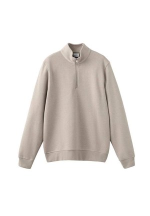 Hellbeiges Sweatshirt mit Reißverschluss am Hals, langen Ärmeln, lockerem Schnitt, gerippten Bündchen und Saum, hergestellt aus weichem, glattem Stoff.