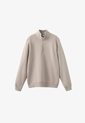 Hellbeiges Sweatshirt mit Reißverschluss am Hals, langen Ärmeln, lockerem Schnitt, gerippten Bündchen und Saum, hergestellt aus weichem, glattem Stoff.