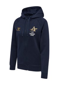 Marineblauwe zip-up hoodie van zacht stof. Voorzien van een capuchon met trekkoord, gouden bedrukte logo's en geribbelde boorden voor een comfortabele pasvorm.