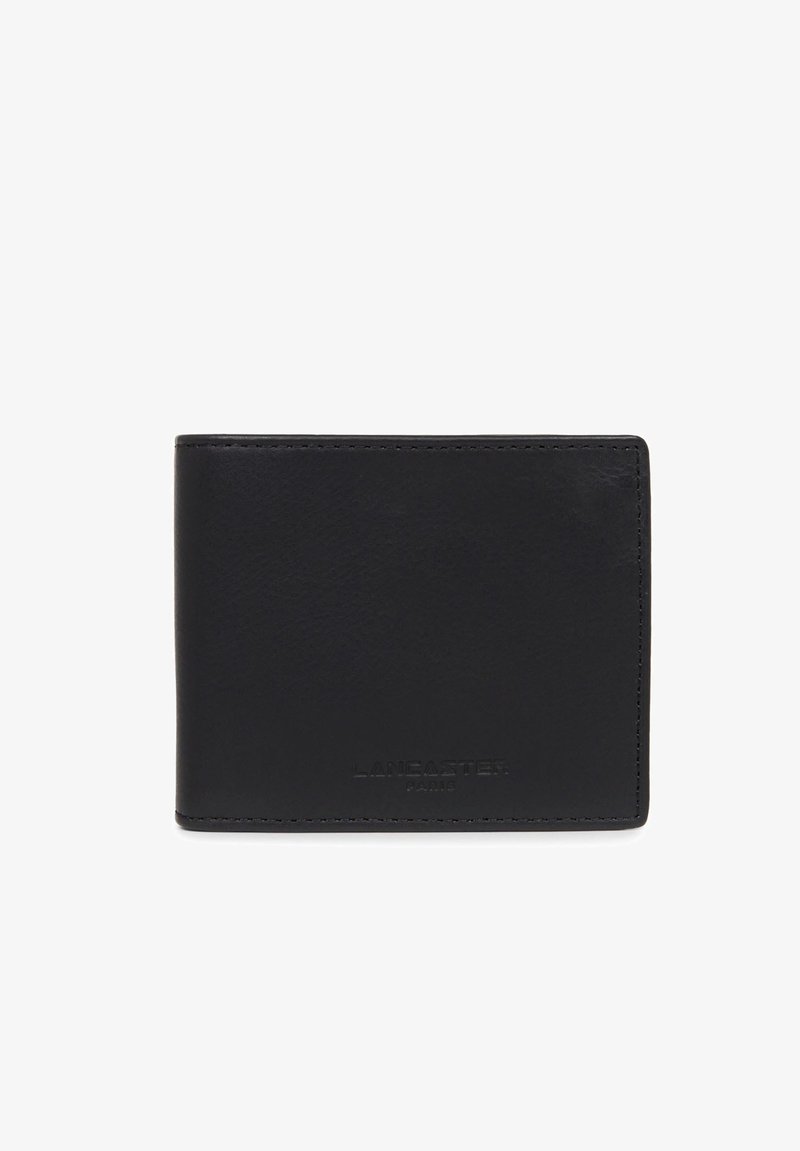 Portefeuille en cuir noir avec une texture lisse, design bi-fold, logo estampé sur le devant et coutures soignées.