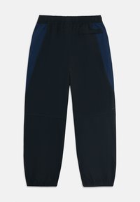 Svart och marinblå lösa idrottsbyxor med elastisk midja och mudd, med en liten sido ficka och ett detaljerat band.