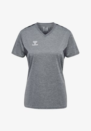 Graues kurzärmliges Sportoberteil mit V-Ausschnitt, das dunkle graue Seitenpaneele und ein Logo auf der Brust aufweist. Hergestellt aus strukturiertem, atmungsaktivem Stoff.
