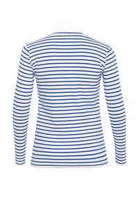 Long-sleeve shirt featuring a blue and white horizontal striped pattern, made of soft fabric with a round neckline and fitted design.