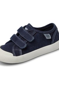 Navy canvas shoe with two velcro straps, white rubber sole, contrasting stitching, rounded toe, and logo tag on the side.