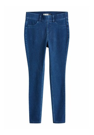Jeans skinny din denim de culoare bleu închis. Au cinci buzunare, curea și o textură netedă cu o ușoară lucire. Detalii cusute pe cusături.