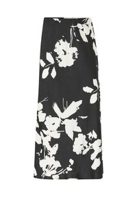Jupe fleurie avec un fond noir ornée de grands motifs de fleurs et de feuilles blanches, confectionnée dans un tissu lisse avec une coupe droite.