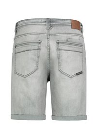 Gray denim shorts with a rolled hem, featuring two back pockets, a brown leather patch, and a subtle logo label near the pocket.