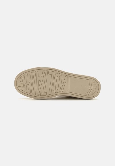 Tan rubber shoe sole with textured patterns and raised lettering reading "VOLTAIRE." Features a rounded edge and flat profile.