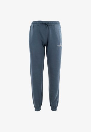 Pantalons de survêtement gris foncé avec taille élastique, cordon de serrage ajustable et bas élastiques ; présente un petit logo imprimé sur la cuisse gauche.
