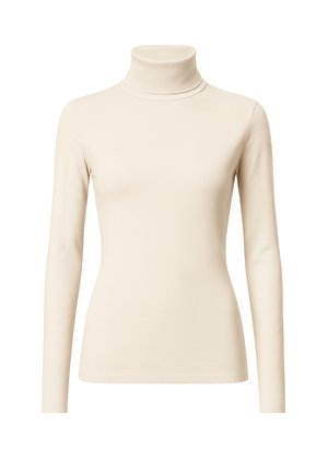 Maglione a collo alto di colore crema realizzato in tessuto morbido e liscio. Presenta maniche lunghe e un design aderente. Senza motivi o decorazioni.