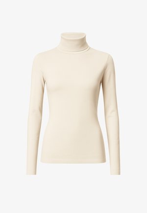 Maglione a collo alto di colore crema realizzato in tessuto morbido e liscio. Presenta maniche lunghe e un design aderente. Senza motivi o decorazioni.