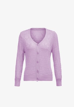 Pulover cardigan tricotat de culoare mov, cu decolteu în V, mâneci lungi și șase nasturi frontali, având un model texturat pe toată suprafața.