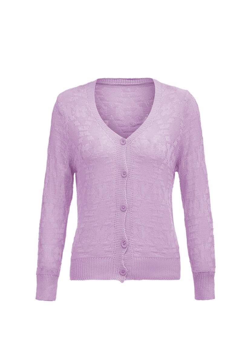 Cardigan viola lavorato a maglia con scollo a V, maniche lunghe e sei bottoni frontali, caratterizzato da un motivo testurizzato su tutta la superficie.