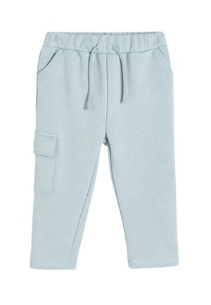 Himmelblaue Jogginghosen aus weichem Material, mit einem elastischen Bund und Kordelzug, seitlichen Taschen und einer Cargo-Tasche am linken Bein.