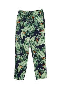 Pantalons à imprimé tropical avec des feuilles vertes et des accents orange sur un fond bleu marine foncé, dotés d'une taille élastique pour plus de confort.
