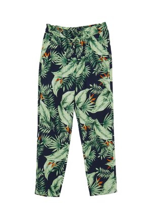 Pantaloni a stampa tropicale con foglie verdi e accenti arancioni su uno sfondo blu scuro, dotati di una fascia elastica in vita per il massimo comfort.
