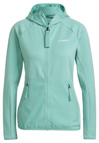 Veste à capuche bleu clair zippée avec deux poches avant zippées et logo "Terrex" sur la poitrine.
