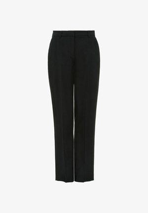 Czarne, dopasowane spodnie z prostą nogawką, gładkim przodem i subtelnymi plisami. Gładka faktura z klasycznym krojem pasa.